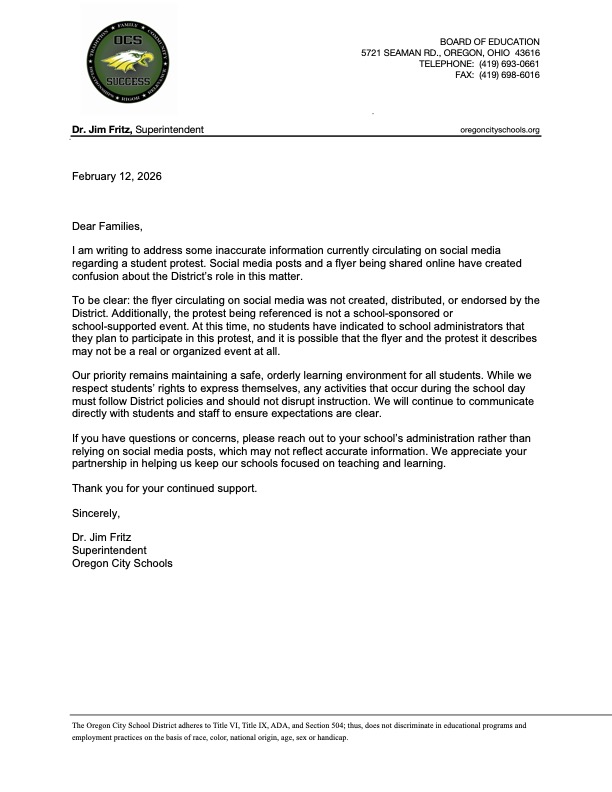 2/12/2026 Letter to Clay HS Families, full text below and in attachment.